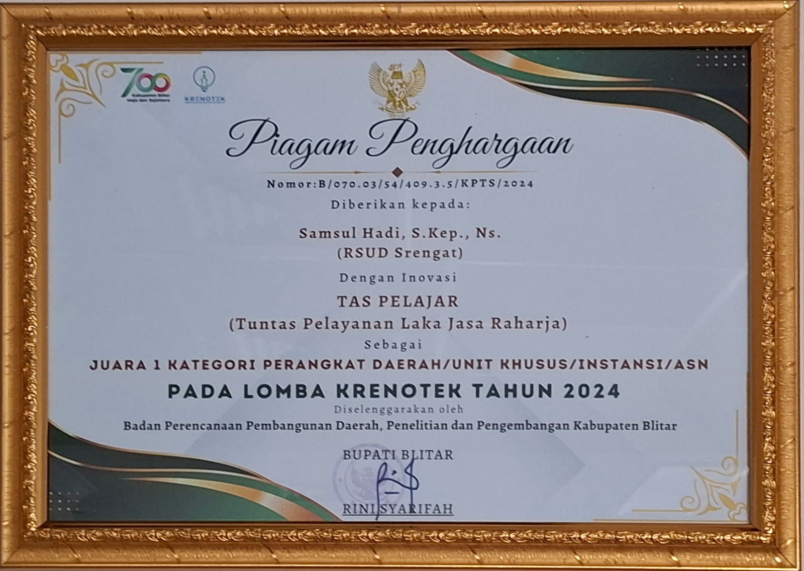 Penghargaan Juara 1 KRENOTEK Kabupaten Blitar - Foto 2